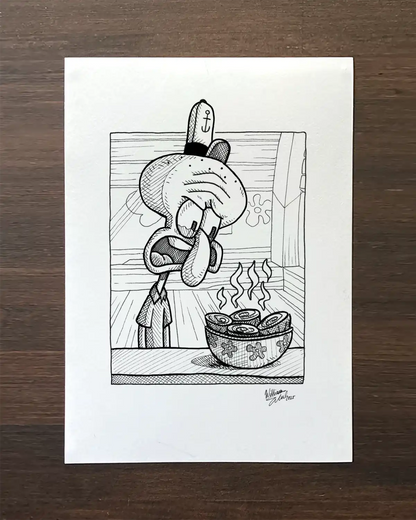 squidward smoking a cigarette caricature drawing of from the spongebob squarepants serries a cigar he is posing like a fashion model Prompts Squidward works at starbucks -